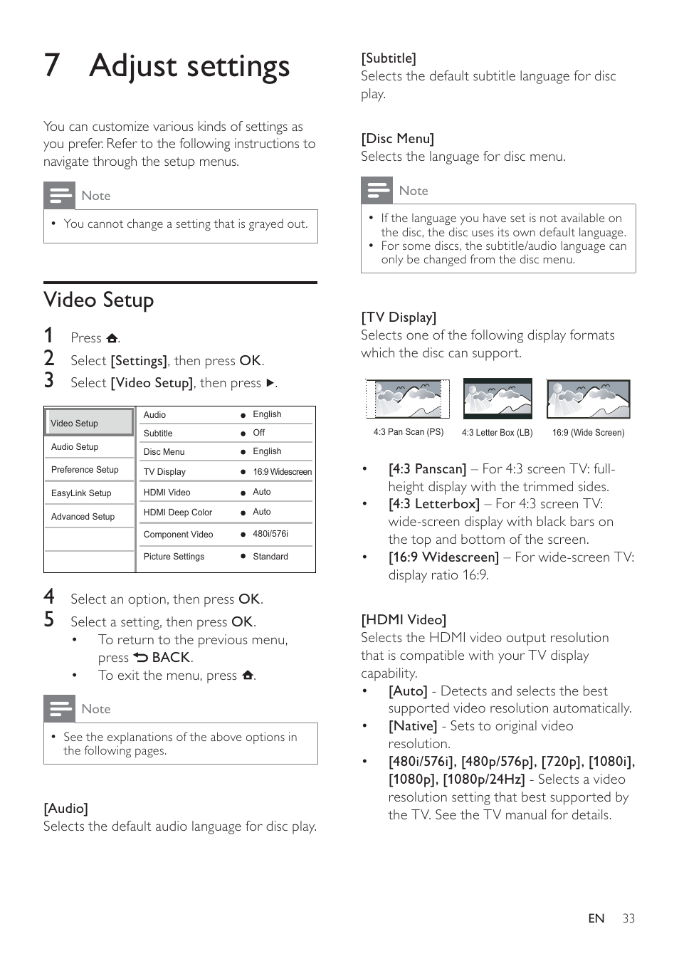 7 adjust settings, Video setup 1 | Philips HTS7500 User Manual | Page 33 / 52