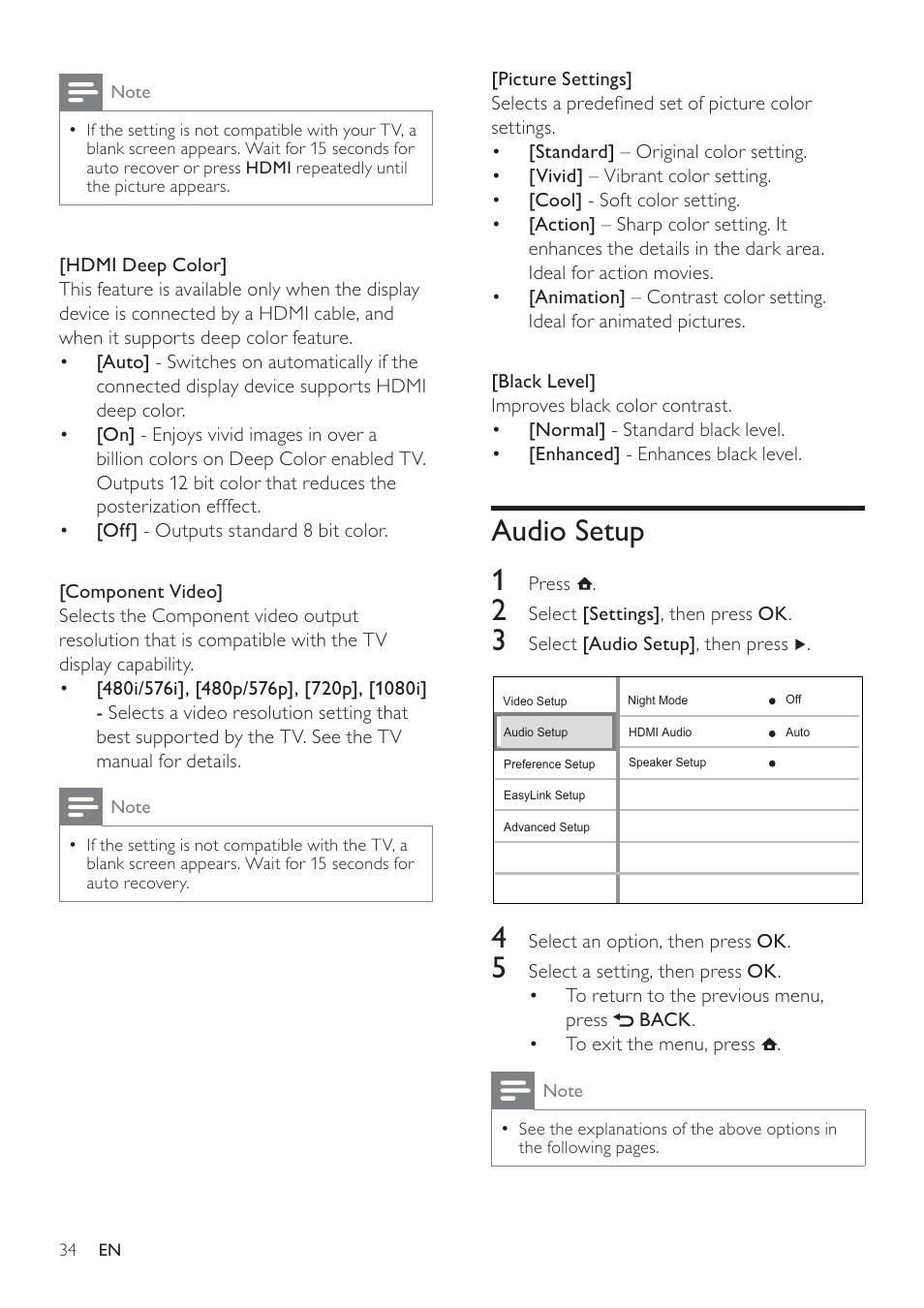 Audio setup 1 | Philips HTS7500 User Manual | Page 34 / 52