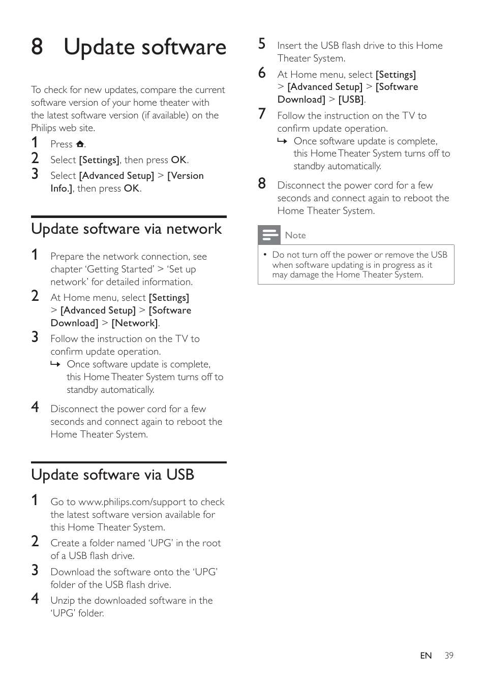 8 update software, Update software via network 1, Update software via usb 1 | Philips HTS7500 User Manual | Page 39 / 52