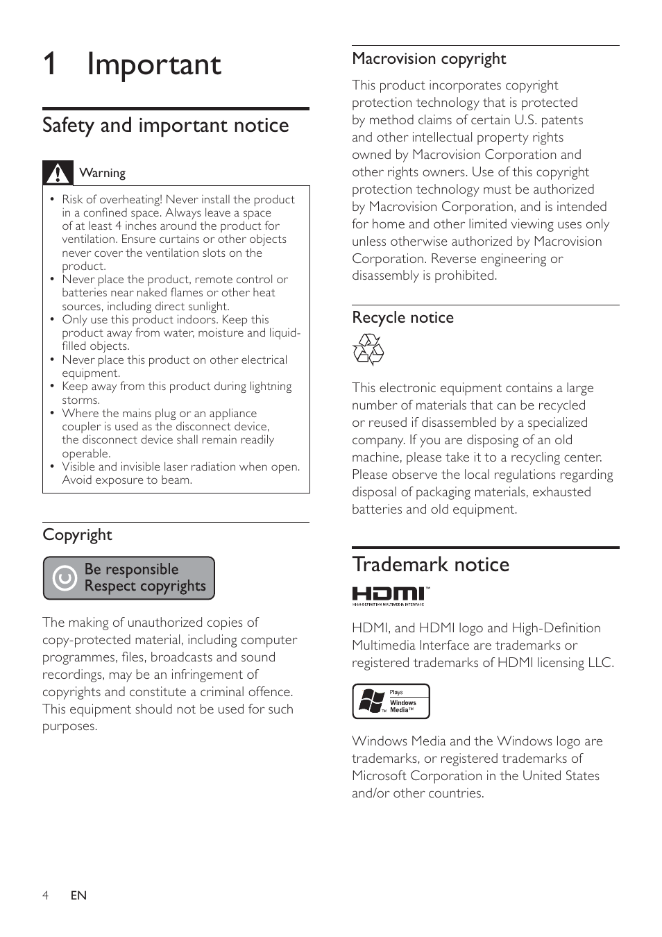 1 important, Trademark notice, Safety and important notice | Philips HTS7500 User Manual | Page 4 / 52