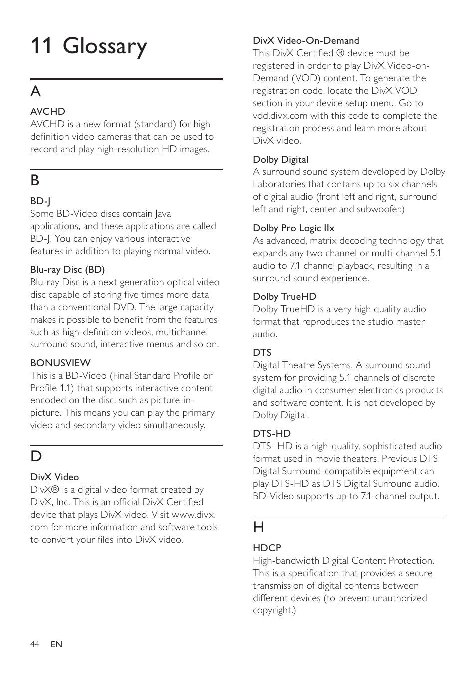 11 glossary | Philips HTS7500 User Manual | Page 44 / 52