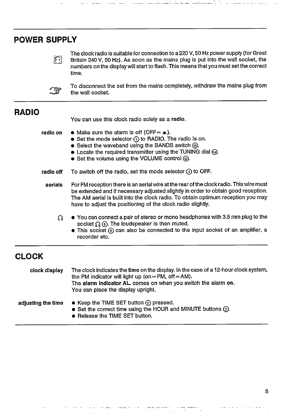 Power supply, Radio, Clock | Philips AJ3802/05 User Manual | Page 5 / 16