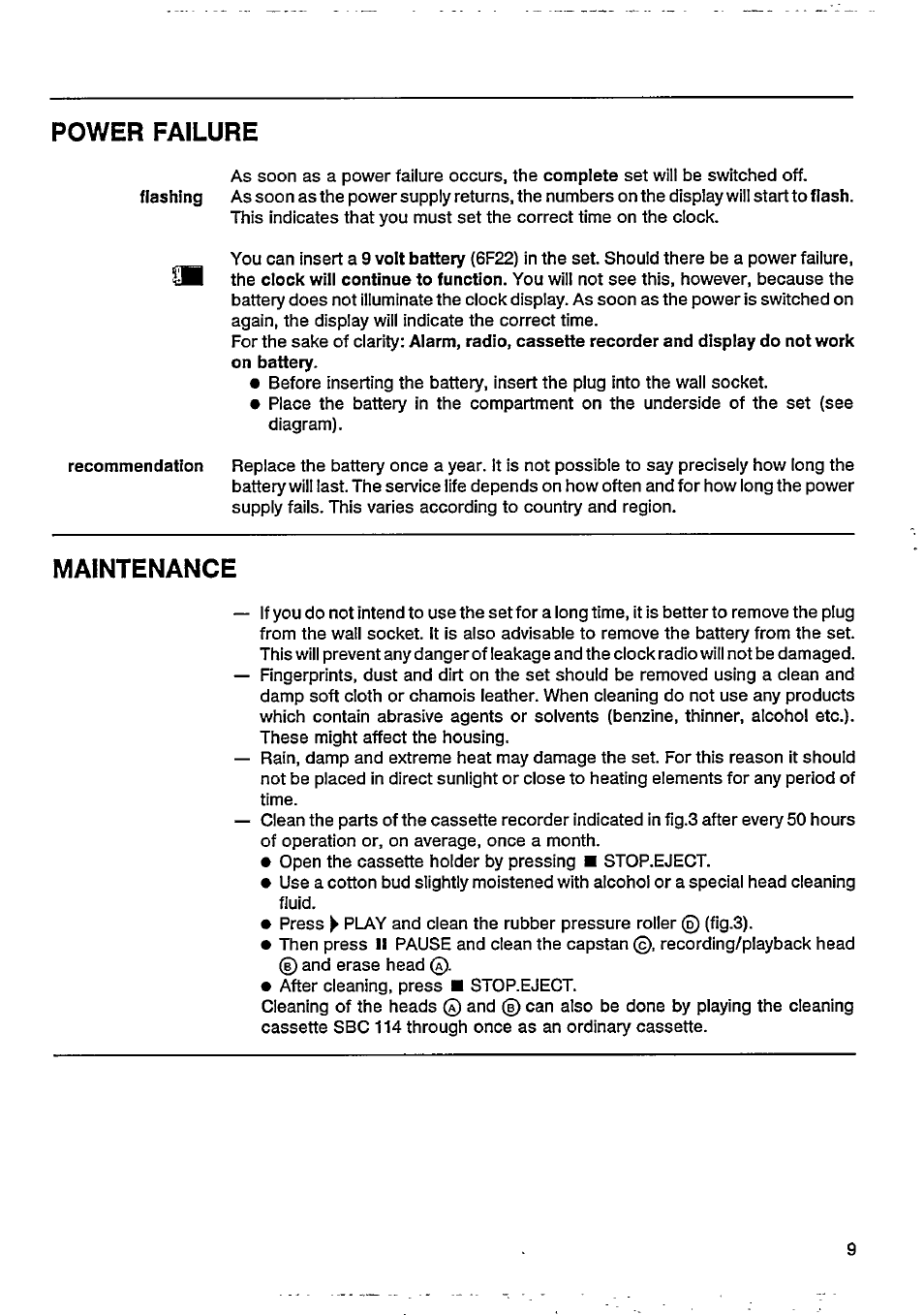 Power failure, Maintenance | Philips AJ3802/05 User Manual | Page 9 / 16