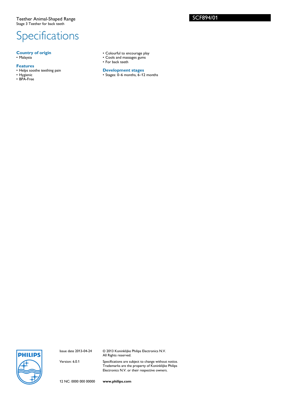 Specifications | Philips Avent SCF894/01 User Manual | Page 2 / 2