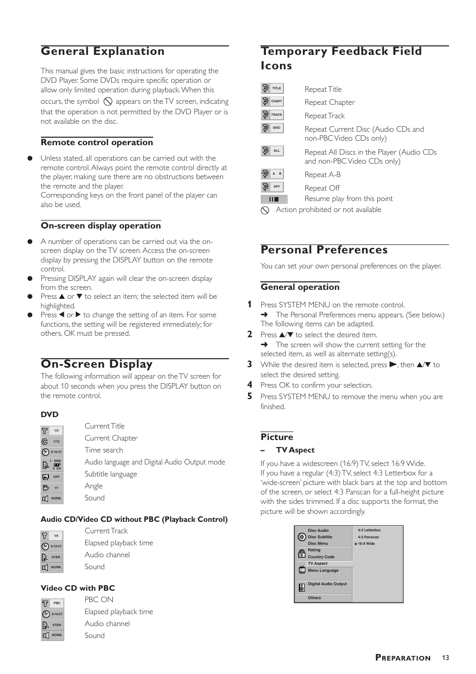 General explanation, On-screen display, Temporary feedback field icons | Personal preferences, Picture, Remote control operation, On-screen display operation, General operation | Philips DVD783C User Manual | Page 13 / 28