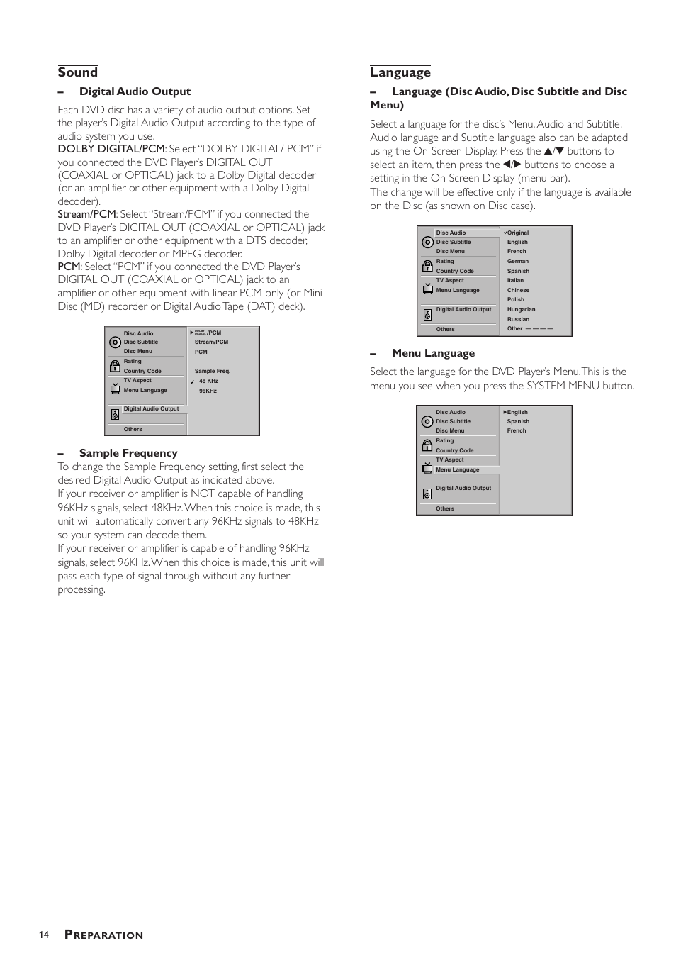 Sound, Language | Philips DVD783C User Manual | Page 14 / 28