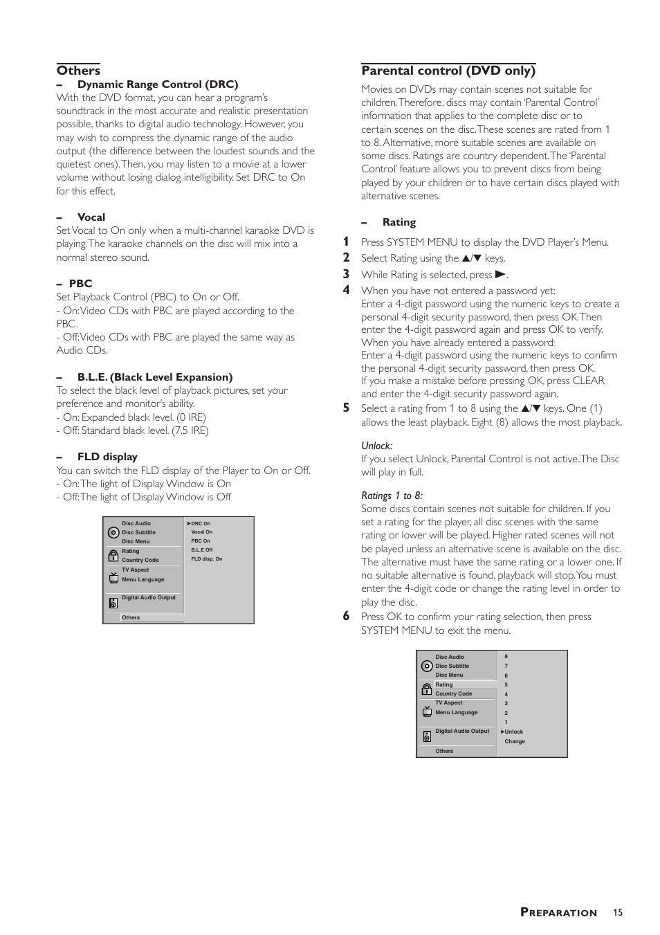 Others, Parental control (dvd only), Press system menu to display the dvd player’s menu | Select rating using the 3/4 keys, While rating is selected, press b | Philips DVD783C User Manual | Page 15 / 28