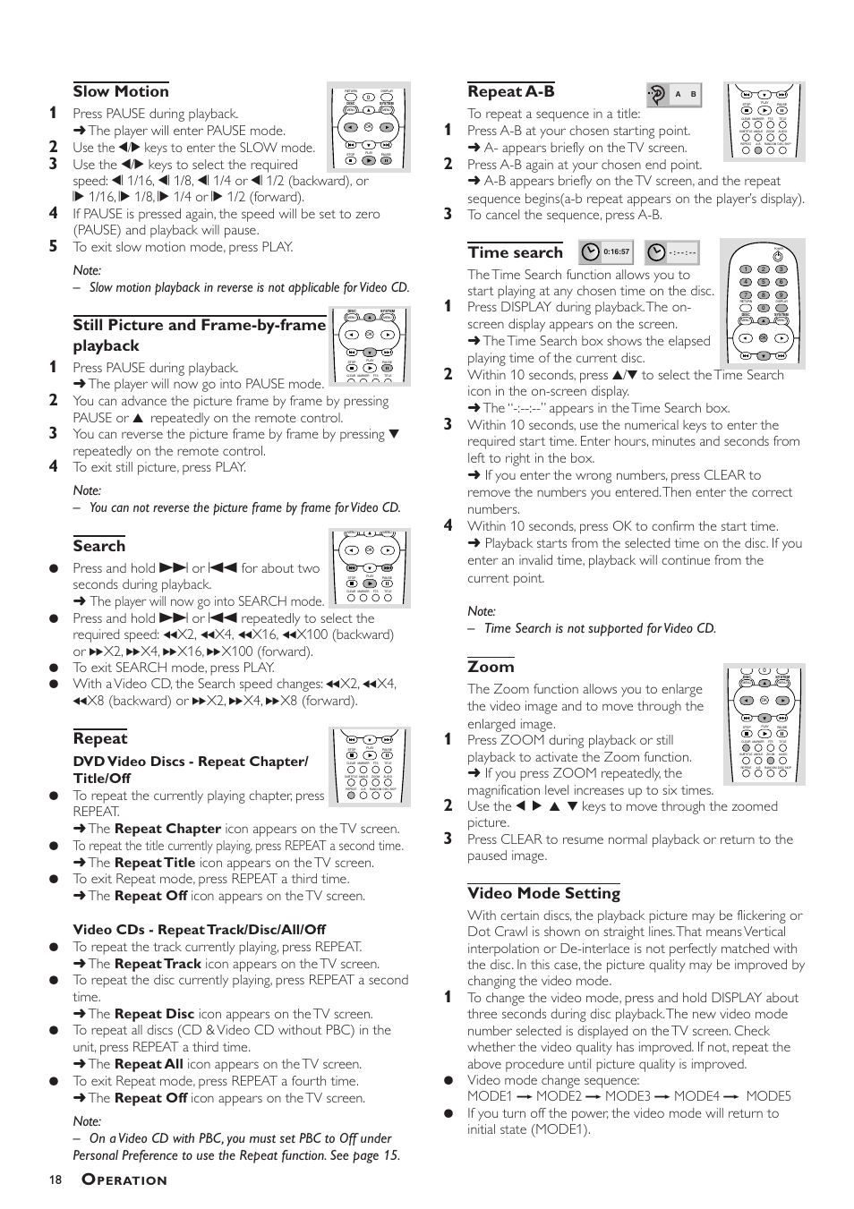 Slow motion, Still picture and frame-by-frame playback, Search | Repeat, Repeat a-b, Time search, Zoom, Video mode setting, Use the 1/2 keys to enter the slow mode | Philips DVD783C User Manual | Page 18 / 28