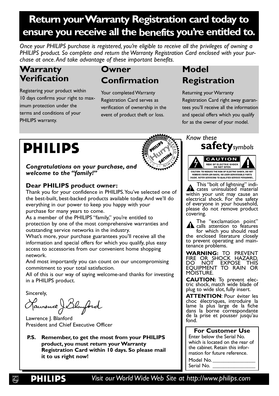 Safety, Warranty verification, Owner confirmation | Model registration, Hurry, Know these, Symbols, For customer use | Philips DVD783C User Manual | Page 2 / 28