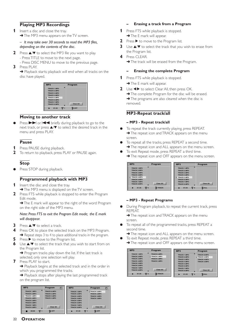 Playing mp3 recordings, Moving to another track, Pause | Stop, Programmed playback with mp3, Mp3-repeat track/all, Press pause during playback, Press stop during playback, Press 3/4 to select a track, Press 2 to move to the program list | Philips DVD783C User Manual | Page 22 / 28