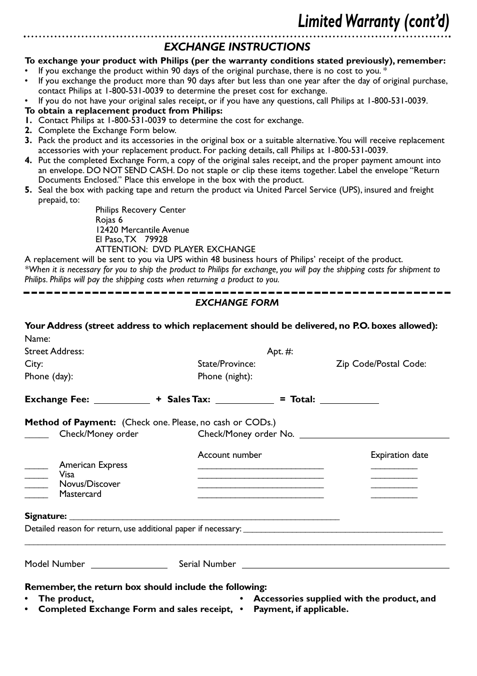 Limited warranty (cont’d), Exchange instructions | Philips DVD783C User Manual | Page 27 / 28