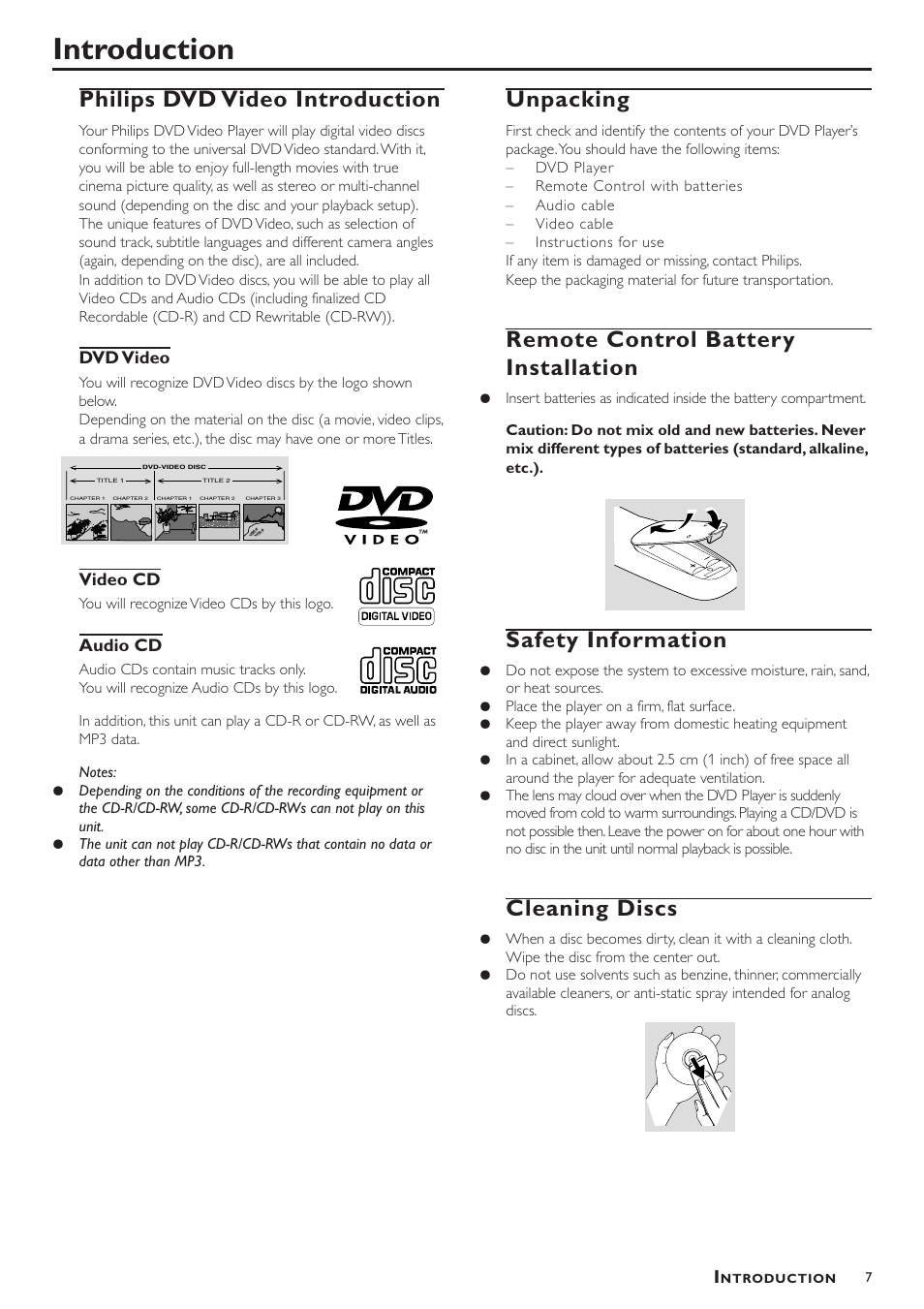 Introduction, Philips dvd video introduction, Unpacking | Remote control battery installation, Safety information, Cleaning discs | Philips DVD783C User Manual | Page 7 / 28