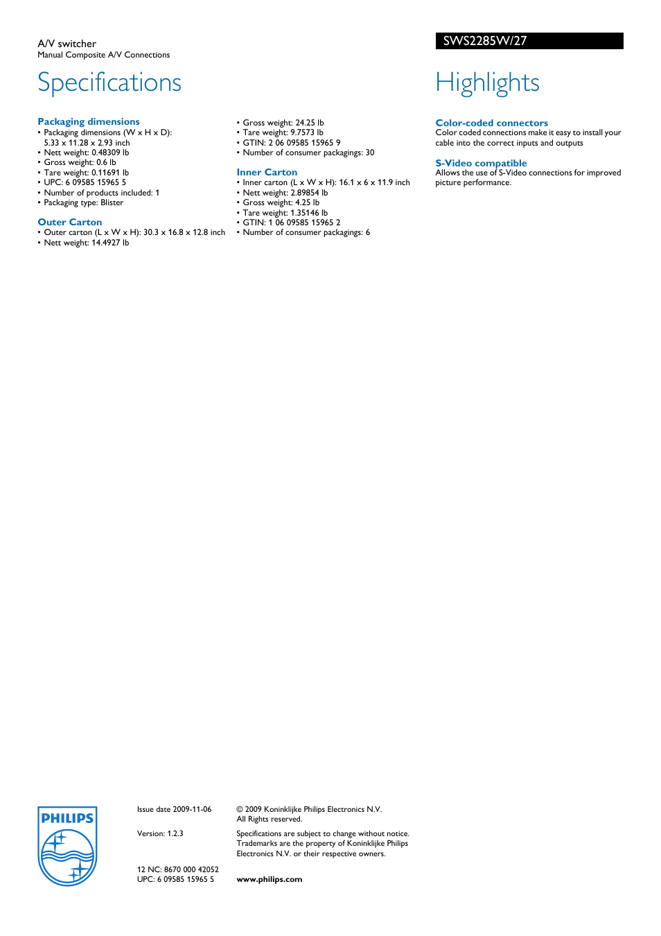 Packaging dimensions, Outer carton, Inner carton | Color-coded connectors, S-video compatible, Specifications, Highlights, Philips | Philips SWS2285W User Manual | Page 2 / 2