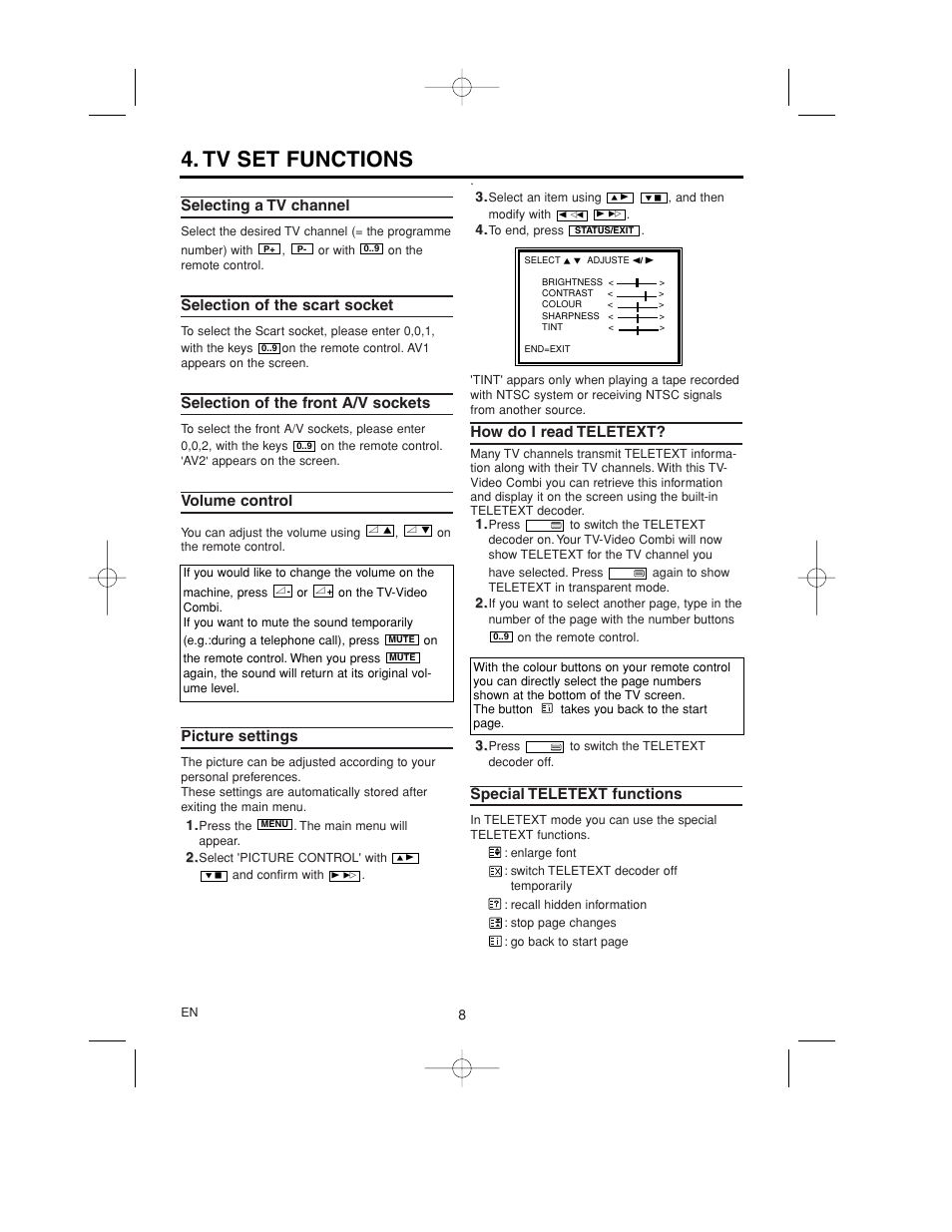 Tv set functions, Selecting a tv channel, Selection of the scart socket | Selection of the front a/v sockets, Volume control, Picture settings, How do i read teletext, Special teletext functions | Philips 14PV365/07 User Manual | Page 11 / 23