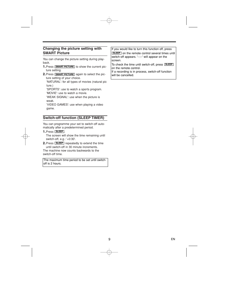 Changing the picture setting with smart picture, Switch off function (sleep timer) | Philips 14PV365/07 User Manual | Page 12 / 23