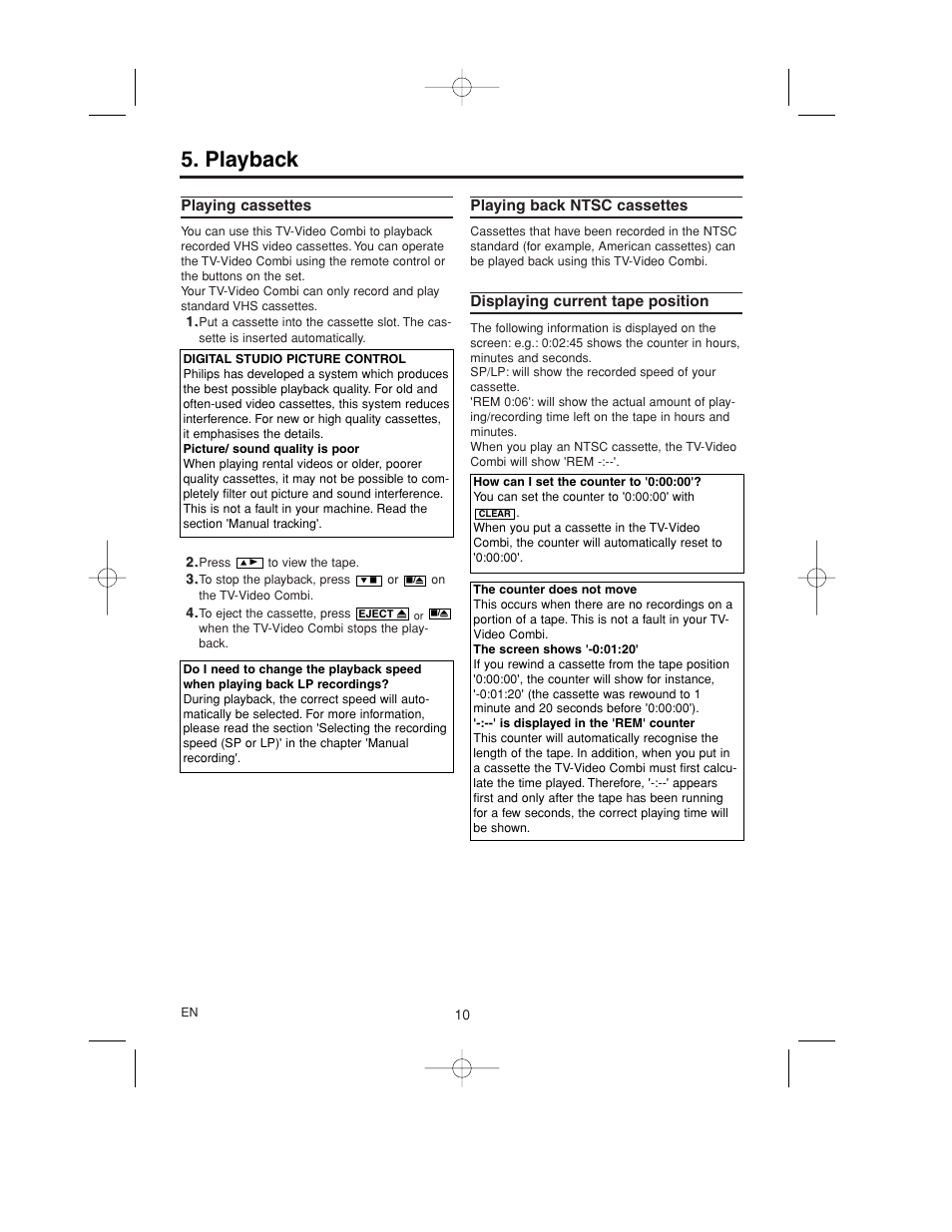 Playback, Playing cassettes, Playing back ntsc cassettes | Displaying current tape position | Philips 14PV365/07 User Manual | Page 13 / 23