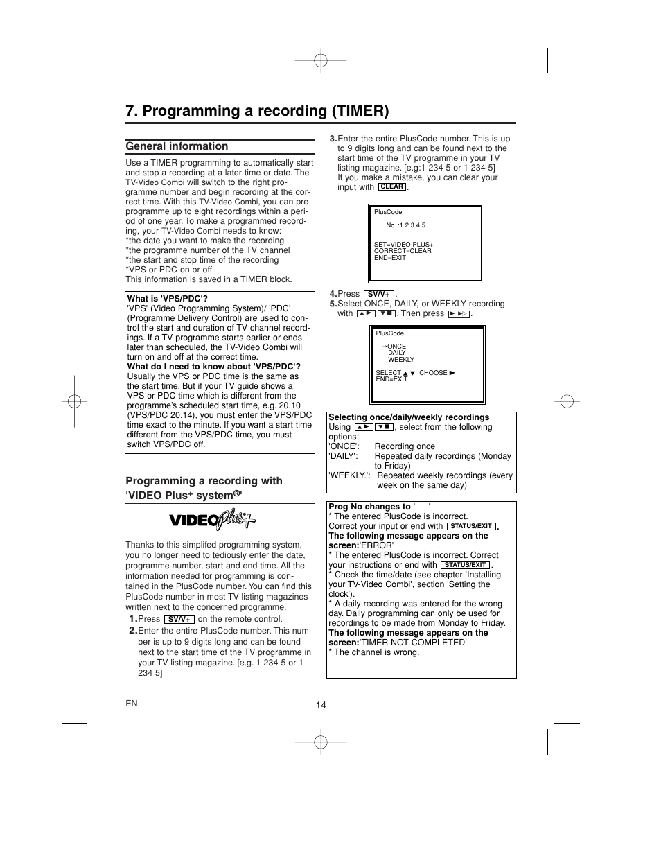 Programming a recording (timer), General information, Programming a recording with 'video plus | System | Philips 14PV365/07 User Manual | Page 17 / 23