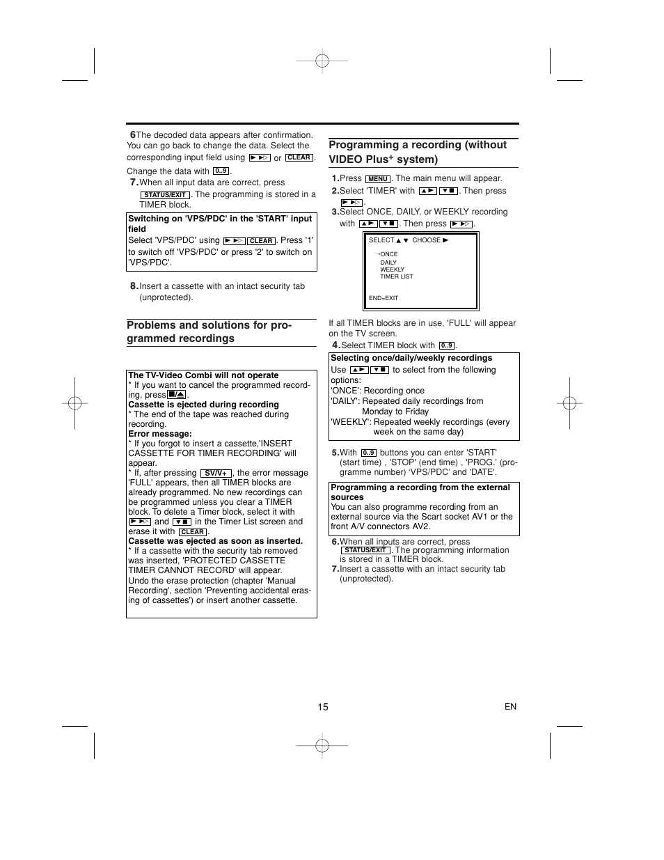 Problems and solutions for programmed, Recordings, Programming a recording | Without video plus, System) | Philips 14PV365/07 User Manual | Page 18 / 23