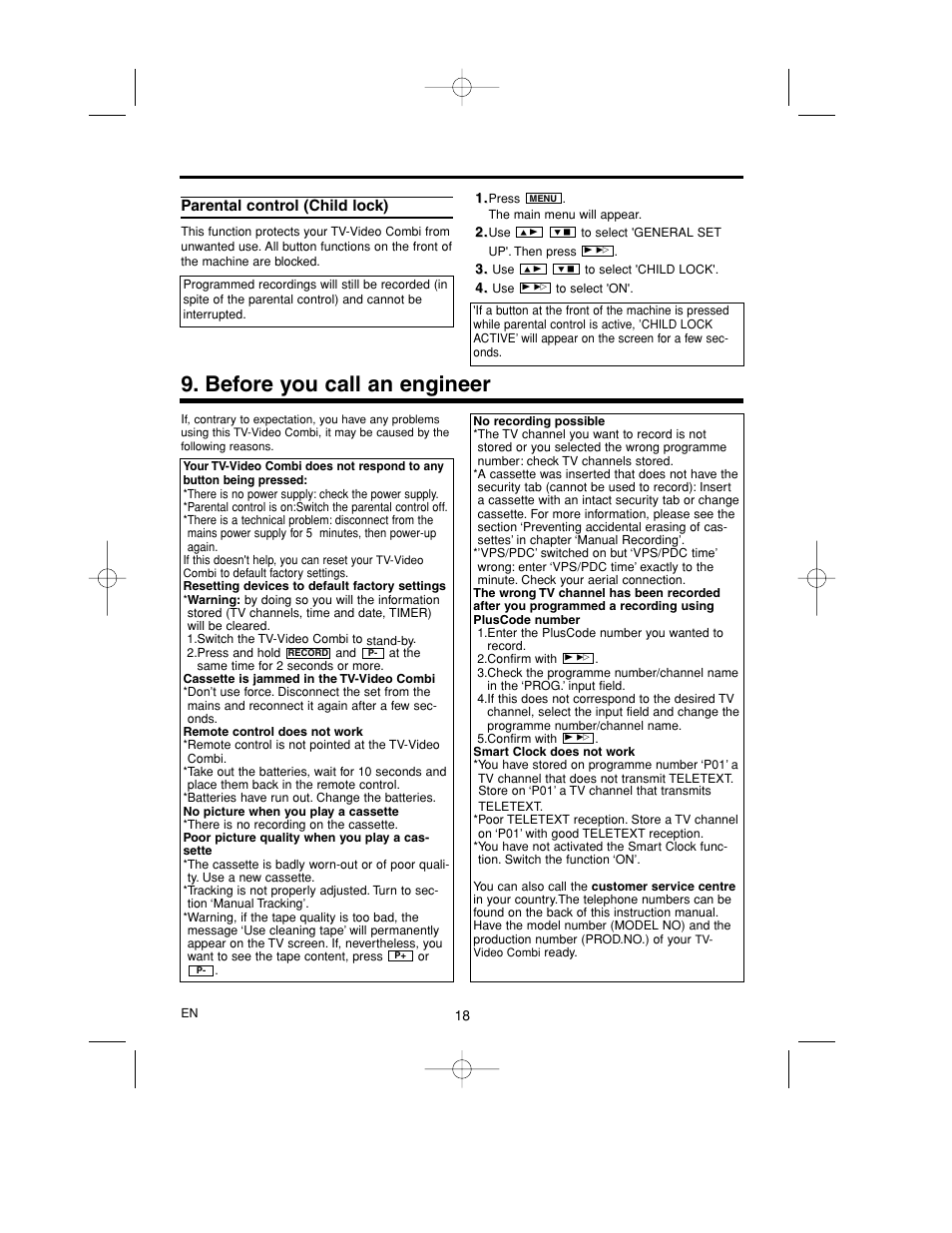 Palental control(child lock), Before you call an engineer | Philips 14PV365/07 User Manual | Page 21 / 23