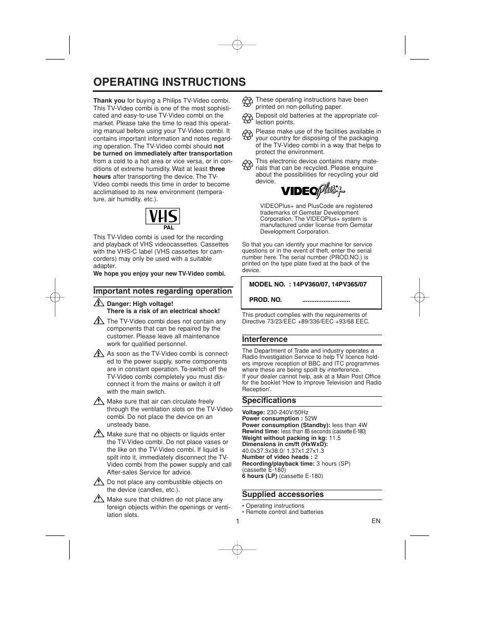 Operating instructions | Philips 14PV365/07 User Manual | Page 5 / 23