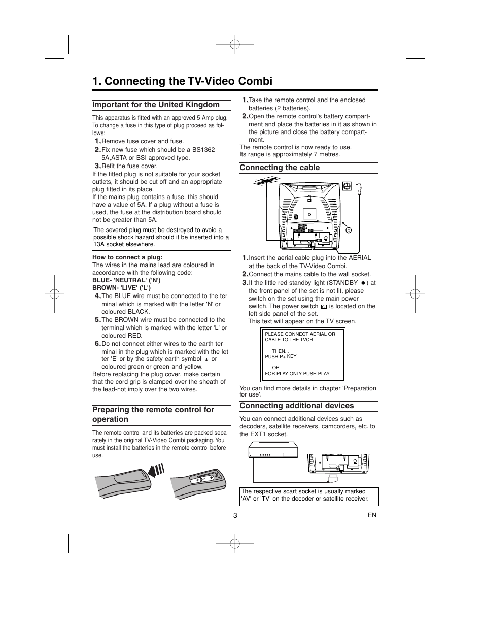 Connecting the tv-video combi, Important for the united kingdom, Preparing the remote control for operation | Connecting the cable, Connecting additional devices | Philips 14PV365/07 User Manual | Page 6 / 23