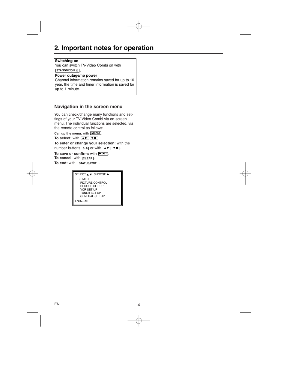 Important notes for operation, Navigation in the screen menu | Philips 14PV365/07 User Manual | Page 7 / 23