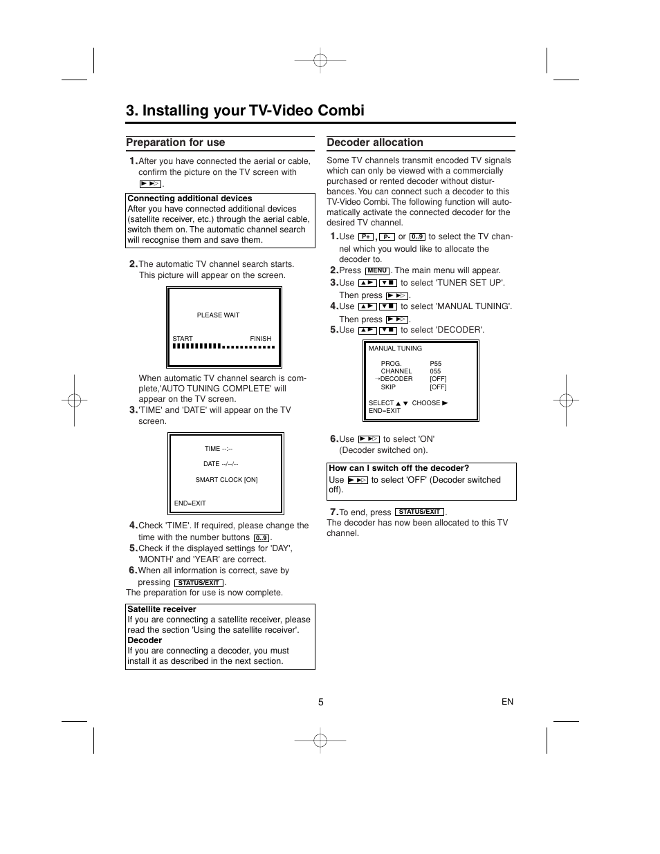 Installing your tv-video combi, Preparation for use, Decoder allocation | Philips 14PV365/07 User Manual | Page 8 / 23