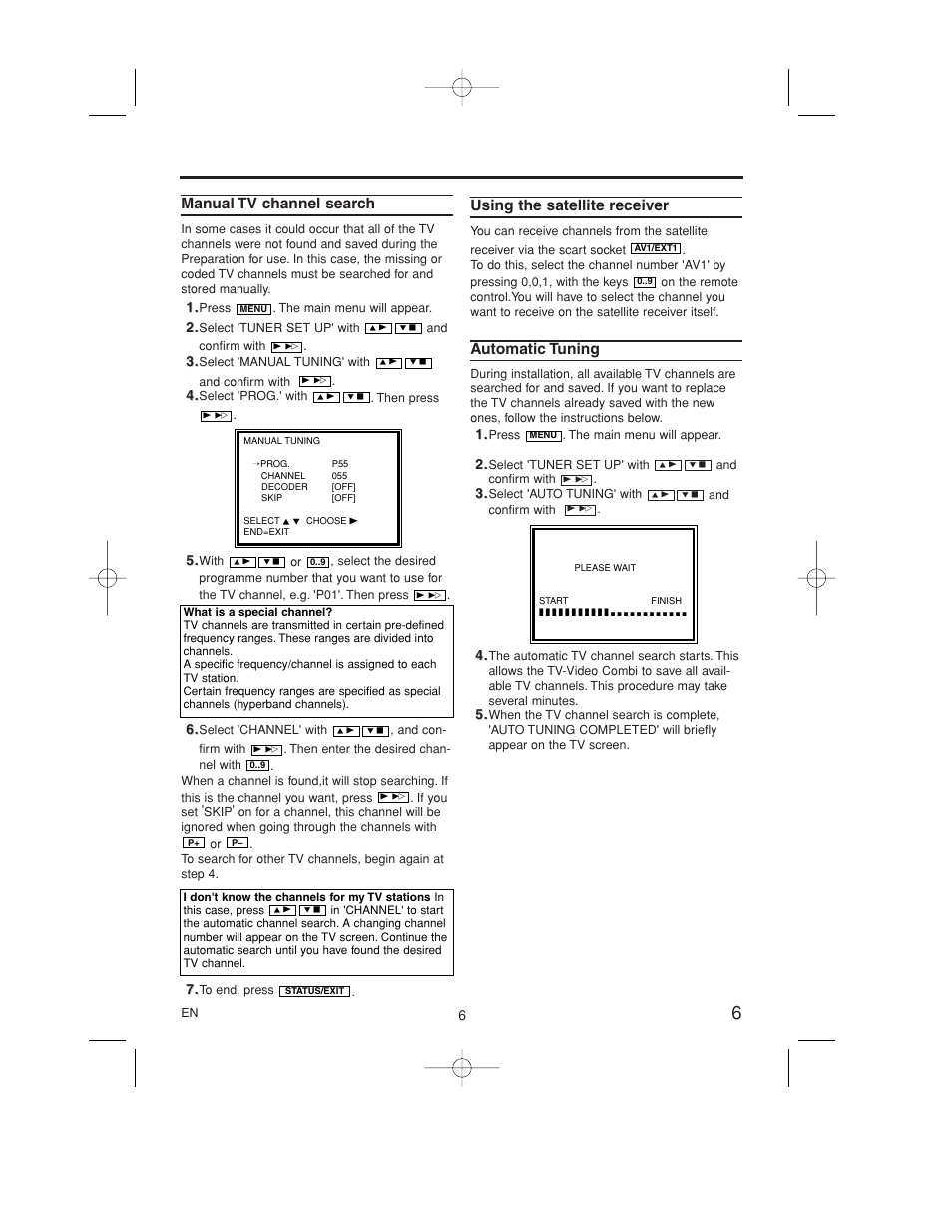 Manual tv channel search, Using the satellite receiver, Automatic tuning | Philips 14PV365/07 User Manual | Page 9 / 23