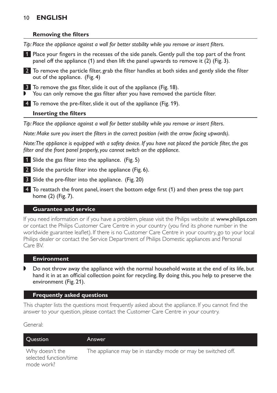 Removing the filters, Inserting the filters, Guarantee and service | Environment, Frequently asked questions | Philips AC4054 User Manual | Page 10 / 100