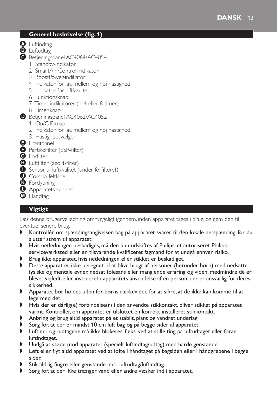 Dansk, Generel beskrivelse (fig. 1), Vigtigt | Philips AC4054 User Manual | Page 13 / 100