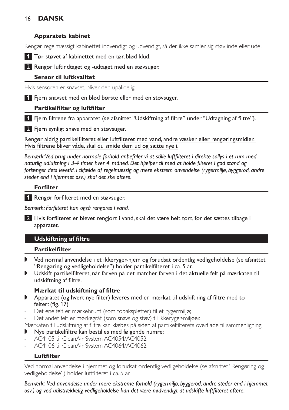 Sensor til luftkvalitet, Partikelfilter og luftfilter, Forfilter | Udskiftning af filtre, Partikelfilter, Mærkat til udskiftning af filtre, Luftfilter | Philips AC4054 User Manual | Page 16 / 100