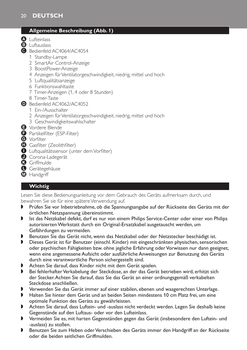 Deutsch, Allgemeine beschreibung (abb. 1), Wichtig | Philips AC4054 User Manual | Page 20 / 100