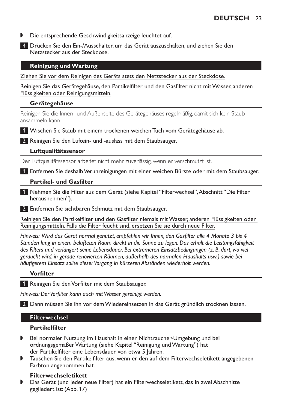 Reinigung und wartung, Gerätegehäuse, Luftqualitätssensor | Partikel- und gasfilter, Vorfilter, Filterwechsel, Partikelfilter | Philips AC4054 User Manual | Page 23 / 100