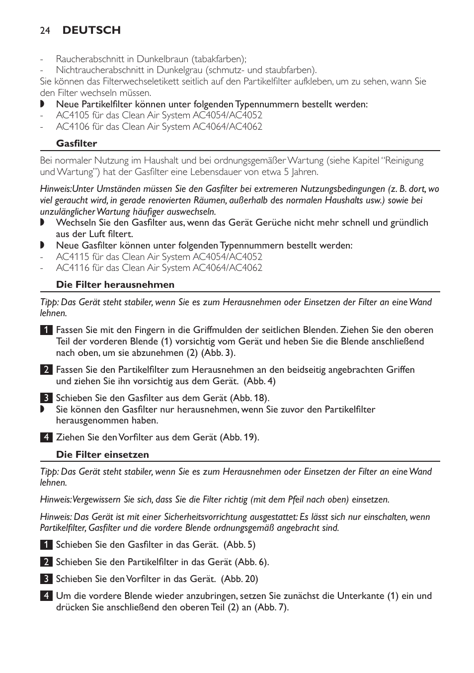 Filterwechseletikett, Gasfilter, Die filter herausnehmen | Die filter einsetzen | Philips AC4054 User Manual | Page 24 / 100