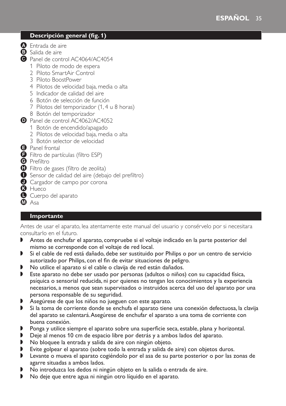 Español, Descripción general (fig. 1), Importante | Philips AC4054 User Manual | Page 35 / 100