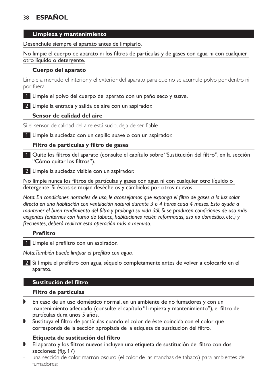 Limpieza y mantenimiento, Cuerpo del aparato, Sensor de calidad del aire | Filtro de partículas y filtro de gases, Prefiltro, Sustitución del filtro, Filtro de partículas, Etiqueta de sustitución del filtro | Philips AC4054 User Manual | Page 38 / 100