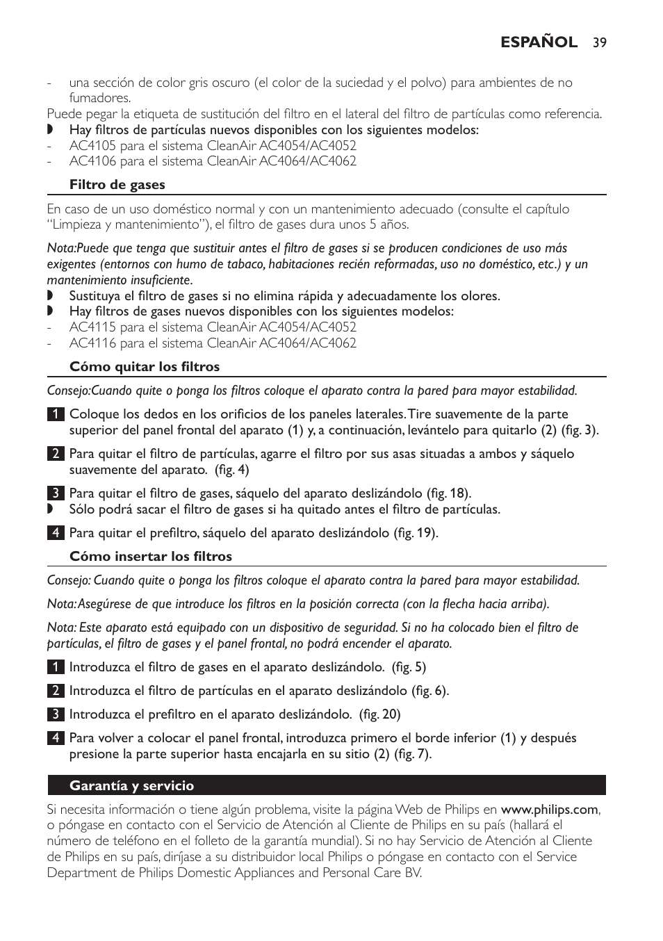 Filtro de gases, Cómo quitar los filtros, Cómo insertar los filtros | Garantía y servicio | Philips AC4054 User Manual | Page 39 / 100