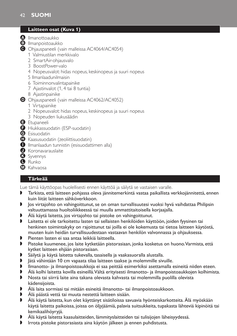 Suomi, Laitteen osat (kuva 1), Tärkeää | Philips AC4054 User Manual | Page 42 / 100