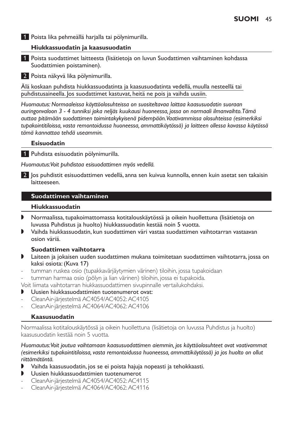 Ilmanlaadun tunnistin, Hiukkassuodatin ja kaasusuodatin, Esisuodatin | Suodattimen vaihtaminen, Hiukkassuodatin, Suodattimen vaihtotarra, Kaasusuodatin | Philips AC4054 User Manual | Page 45 / 100