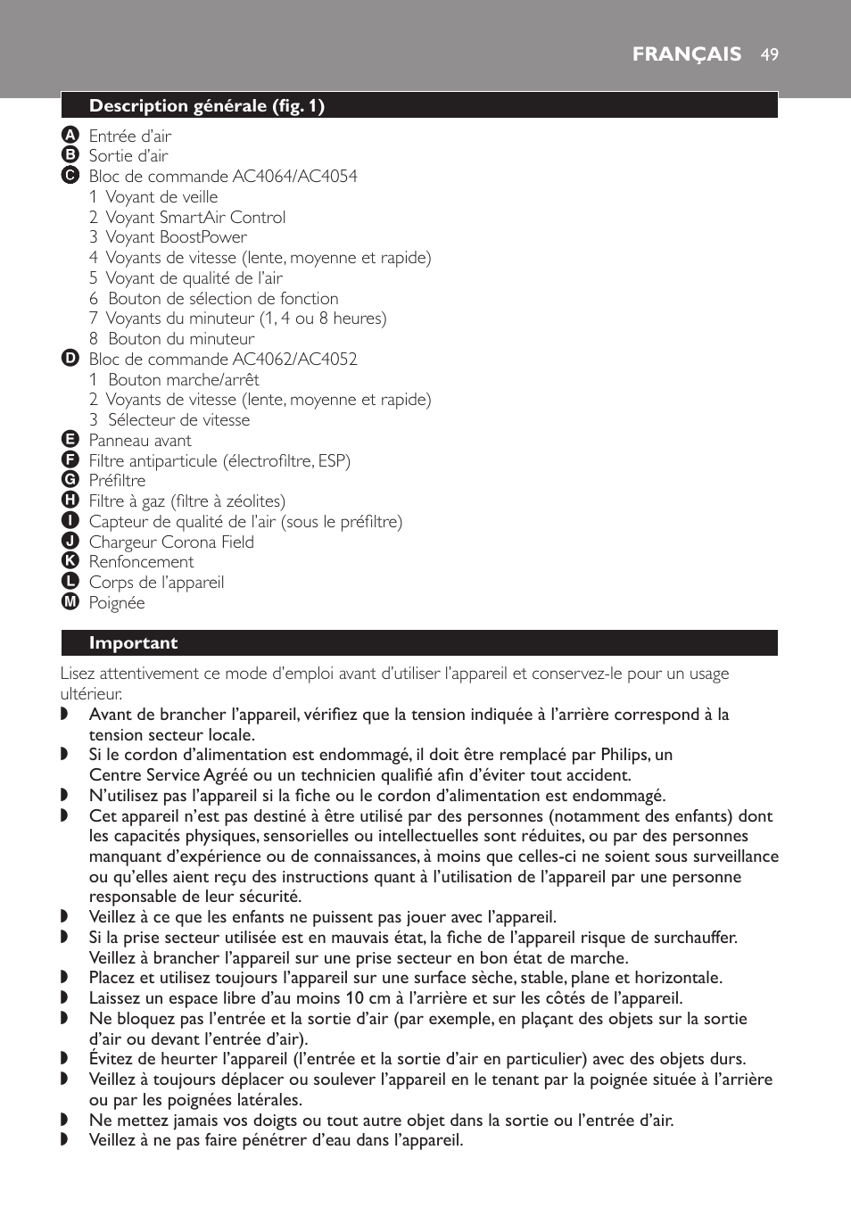 Français, Description générale (fig. 1), Important | Philips AC4054 User Manual | Page 49 / 100