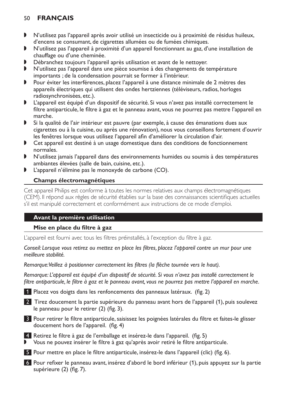 Champs électromagnétiques, Avant la première utilisation, Mise en place du filtre à gaz | Philips AC4054 User Manual | Page 50 / 100