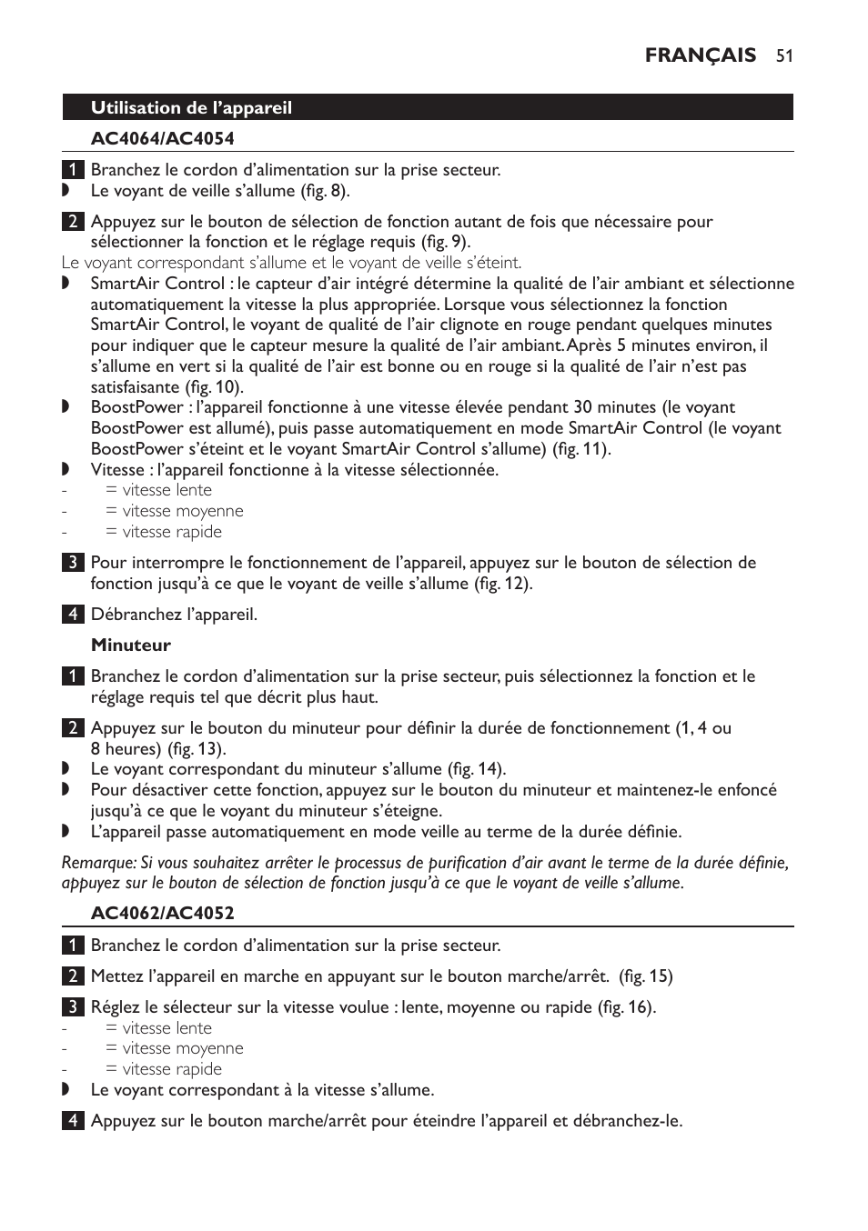 Utilisation de l’appareil, Ac4064/ac4054, Minuteur | Ac4062/ac4052 | Philips AC4054 User Manual | Page 51 / 100