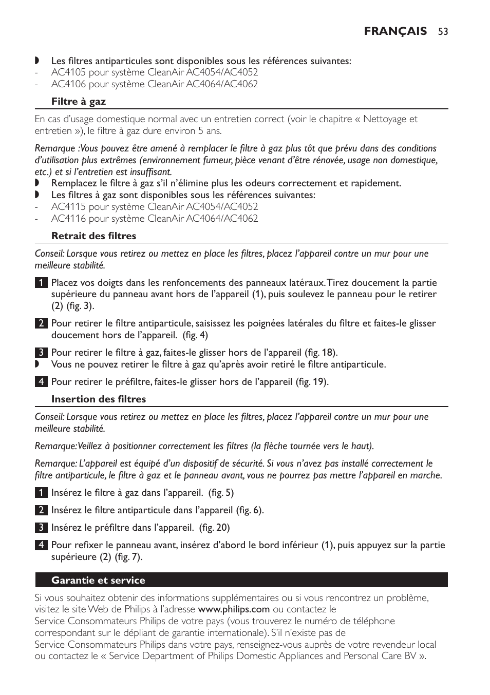 Filtre à gaz, Retrait des filtres, Insertion des filtres | Garantie et service | Philips AC4054 User Manual | Page 53 / 100