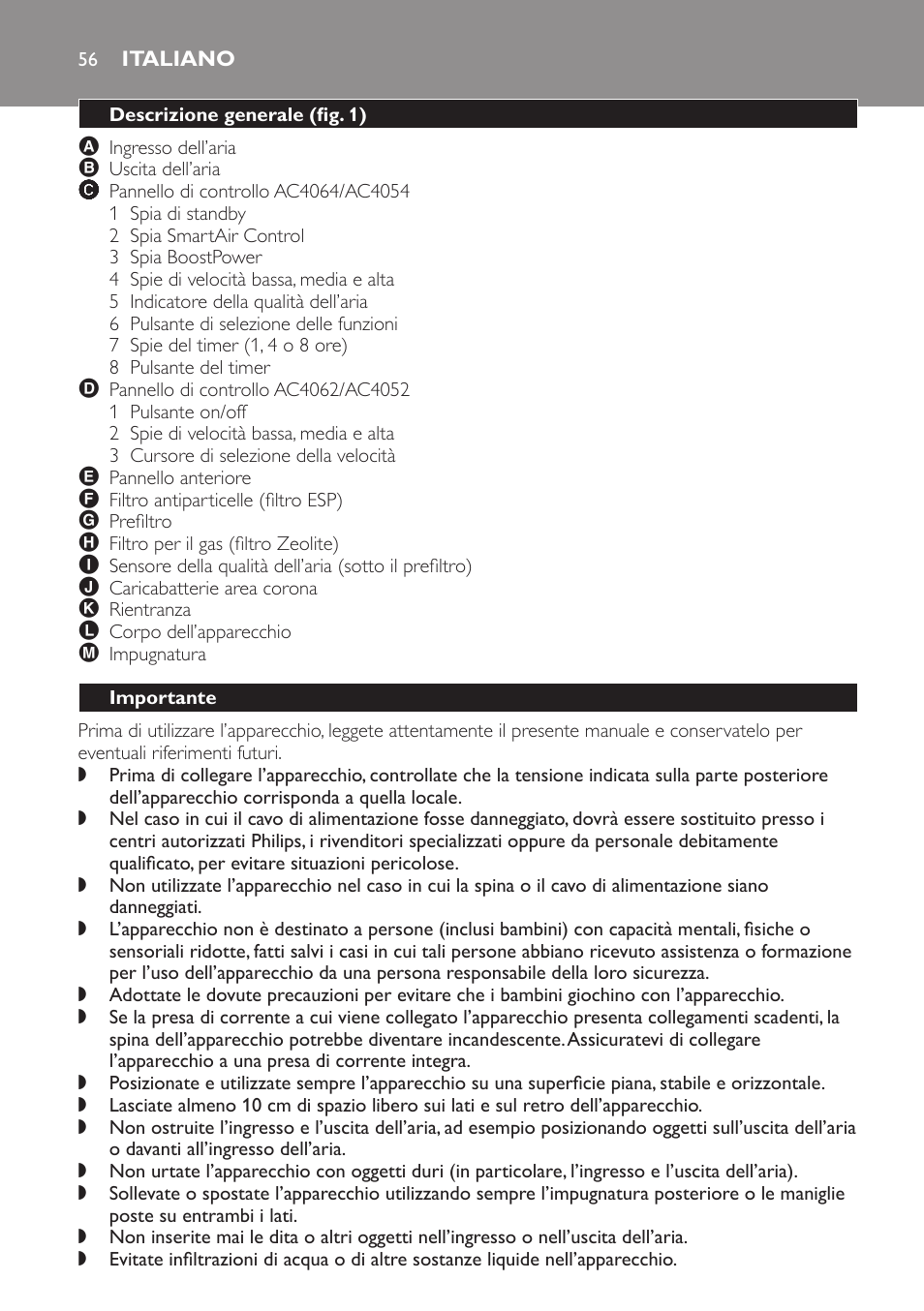 Italiano, Descrizione generale (fig. 1), Importante | Philips AC4054 User Manual | Page 56 / 100