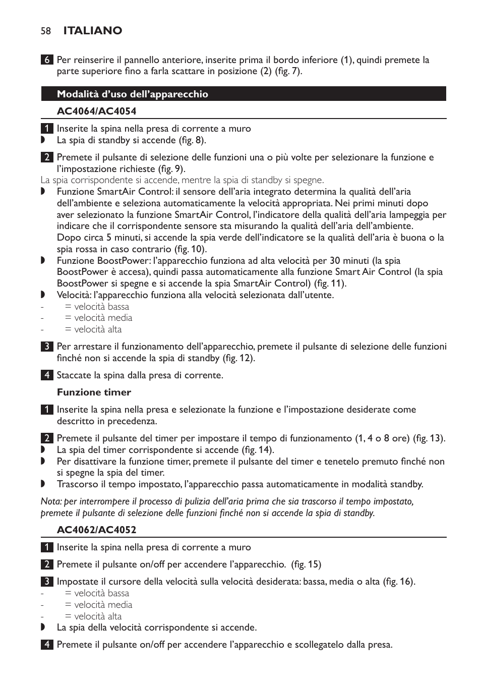 Modalità d’uso dell’apparecchio, Ac4064/ac4054, Funzione timer | Ac4062/ac4052 | Philips AC4054 User Manual | Page 58 / 100