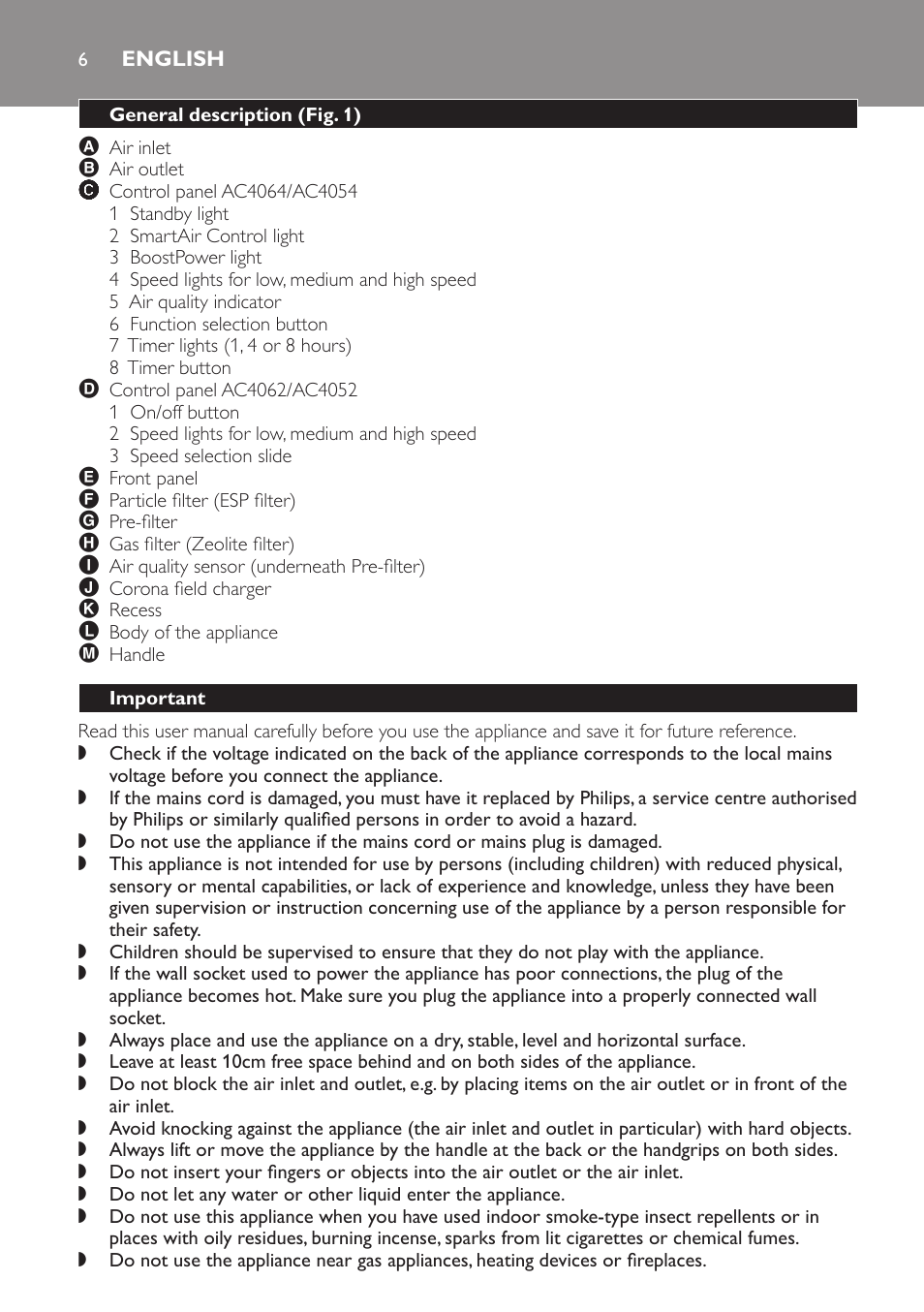 English, General description (fig. 1), Important | Philips AC4054 User Manual | Page 6 / 100