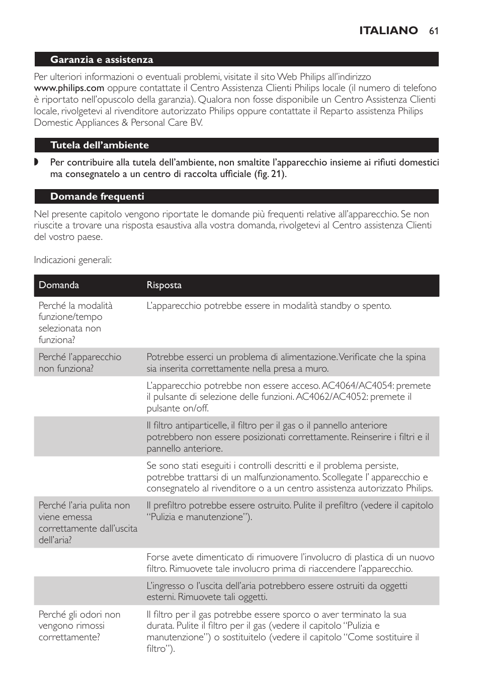 Tutela dell’ambiente, Domande frequenti | Philips AC4054 User Manual | Page 61 / 100