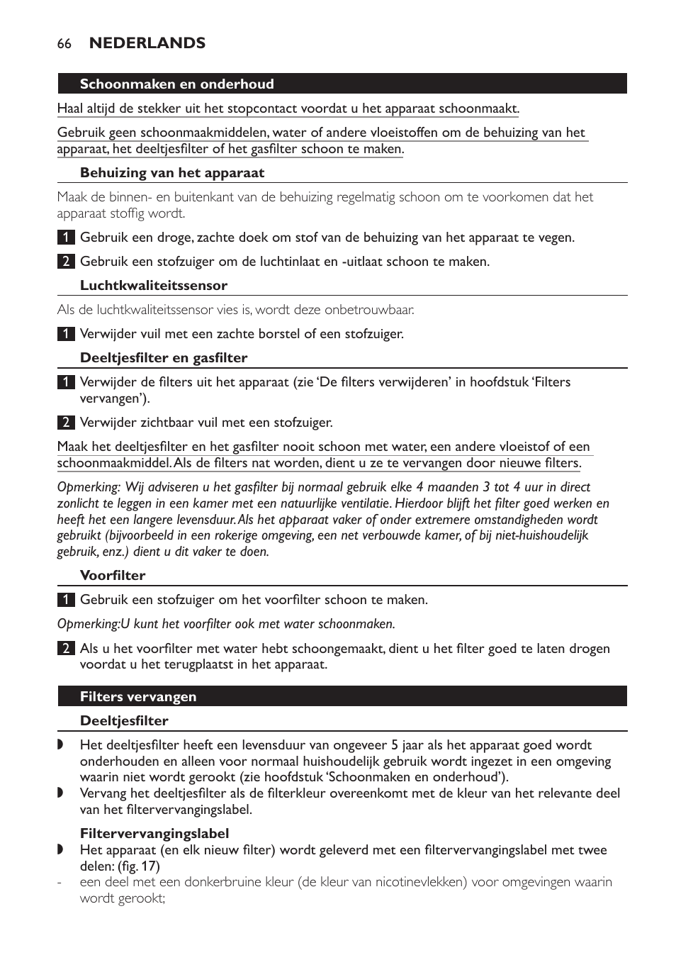 Schoonmaken en onderhoud, Behuizing van het apparaat, Luchtkwaliteitssensor | Deeltjesfilter en gasfilter, Voorfilter, Filters vervangen, Deeltjesfilter, Filtervervangingslabel | Philips AC4054 User Manual | Page 66 / 100