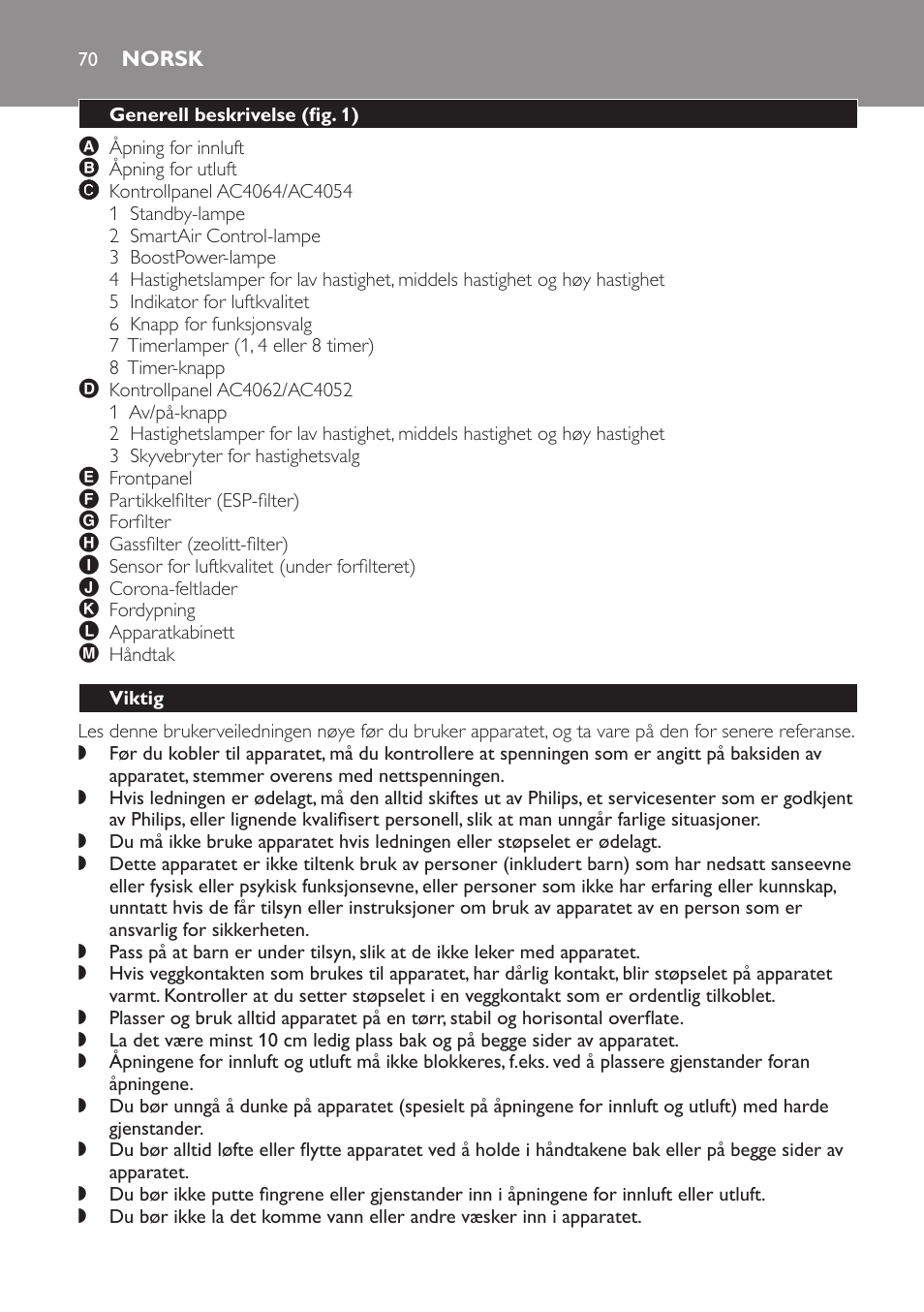 Norsk, Generell beskrivelse (fig. 1), Viktig | Philips AC4054 User Manual | Page 70 / 100