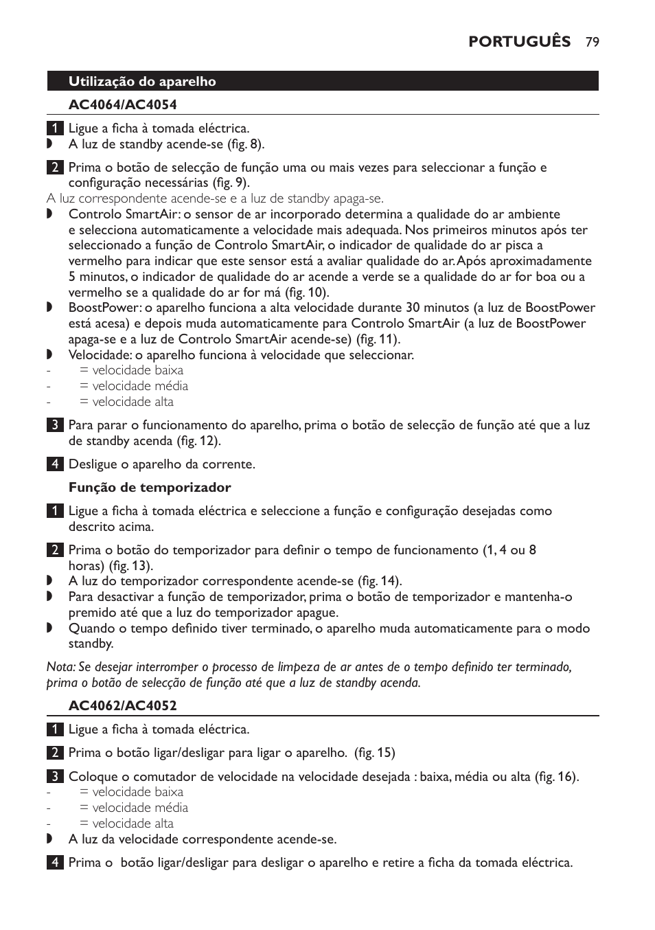 Utilização do aparelho, Ac4064/ac4054, Função de temporizador | Ac4062/ac4052 | Philips AC4054 User Manual | Page 79 / 100